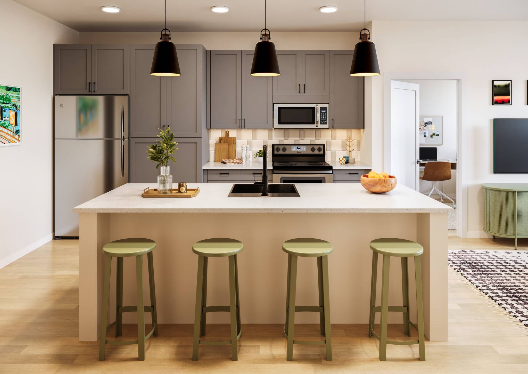 EVER Knoxville apartments trendy kitchen with island counter, stainless steel appliances, and ample cabinet space.