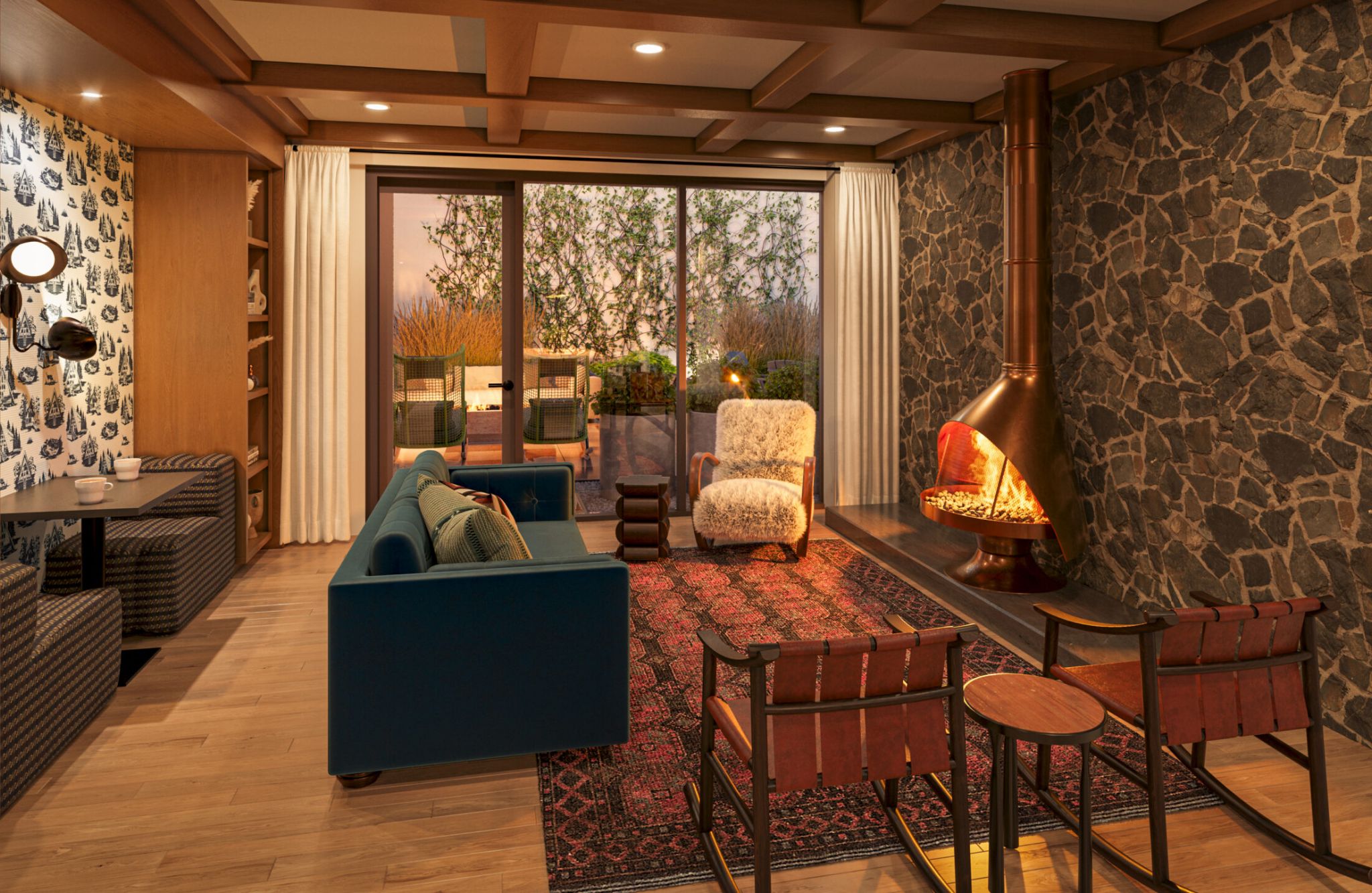 EVER Knoxville apartments Sky Lounge with fire place and cozy seating